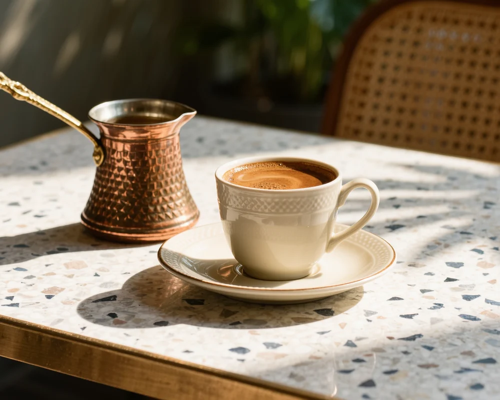 قهوة تركية بدلّة نحاسية على طاولة الهيف